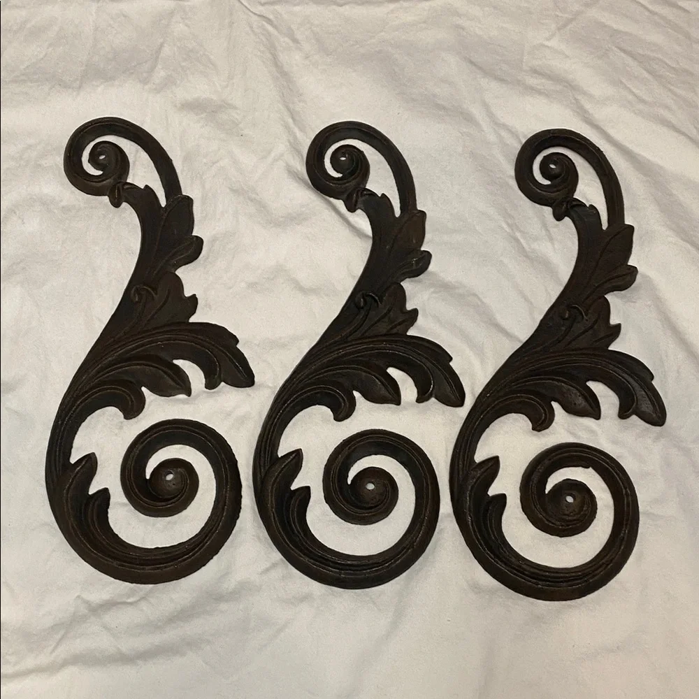 Set of 3 Vintage Dark Brown Swirl Cast Iron Wall Decor Set. Each one 1.6 lbs.